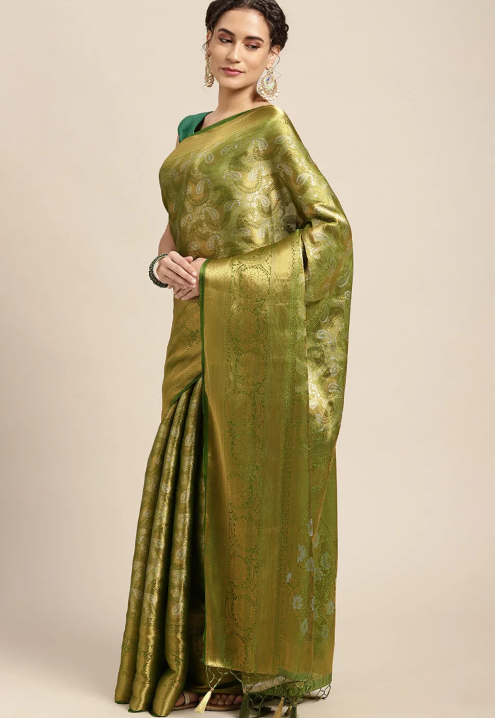 Woven Bangalore Silk Saree in Olive Green