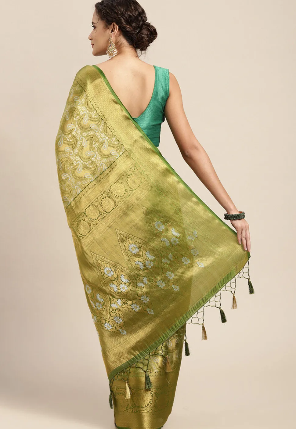 Woven Bangalore Silk Saree in Olive Green