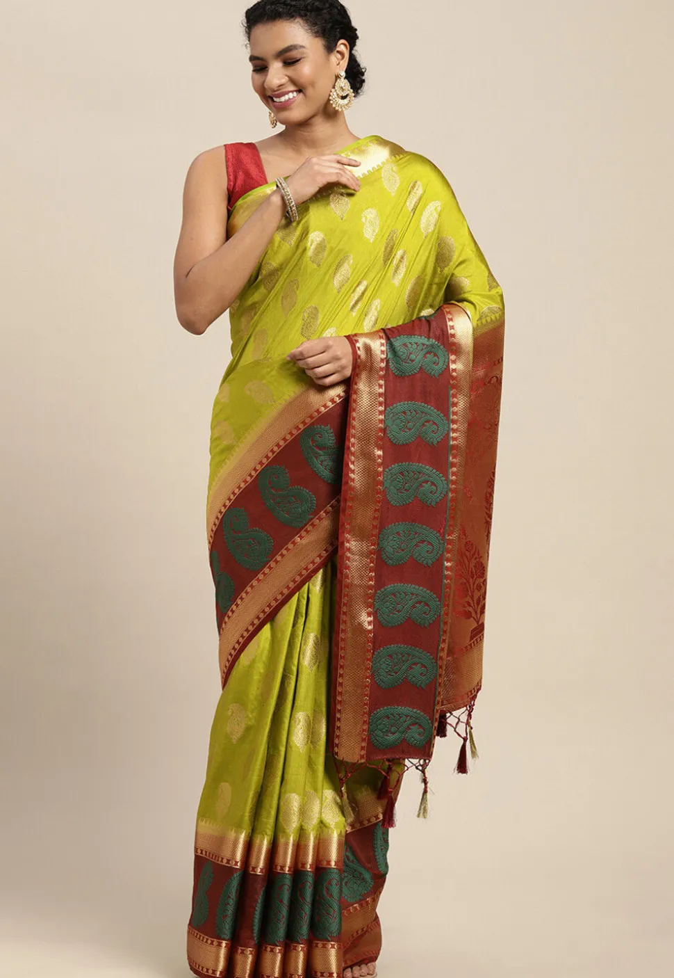 Woven Bangalore Silk Saree in Light Olive Green