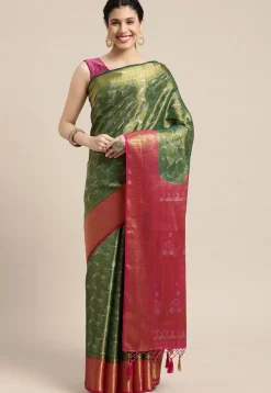 Woven Bangalore Silk Saree in Dark Green