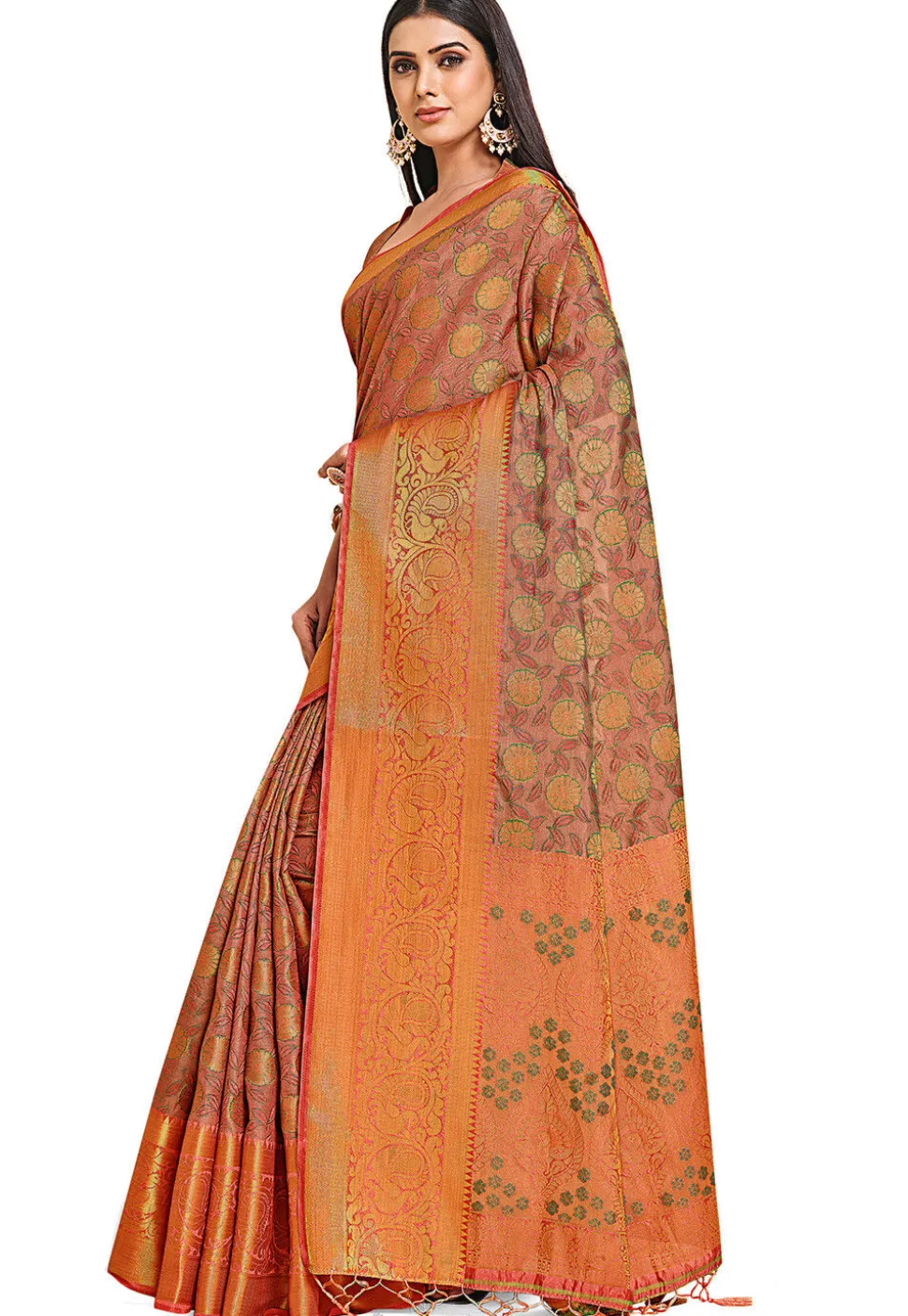 Woven Bangalore Silk Saree in Peach Orange