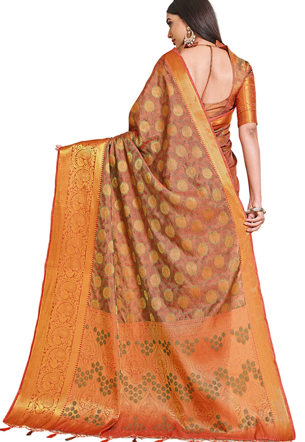 Woven Bangalore Silk Saree in Peach Orange
