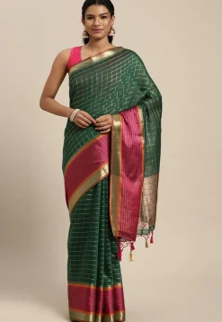 Woven Bangalore Silk Saree in Dark Green