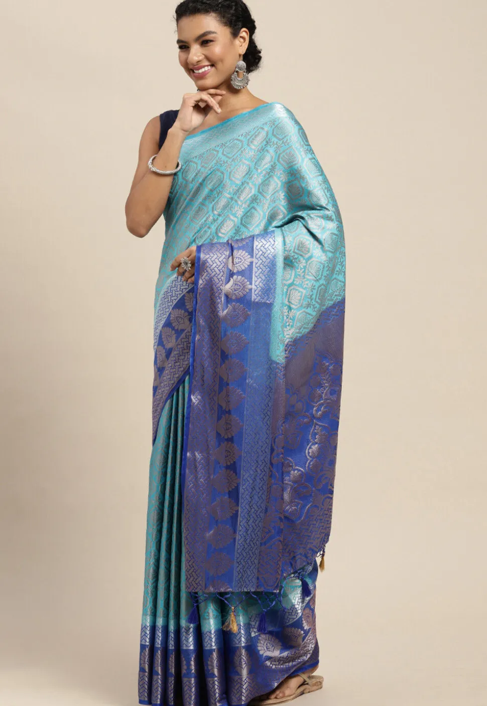Woven Bangalore Silk Saree in Light Blue
