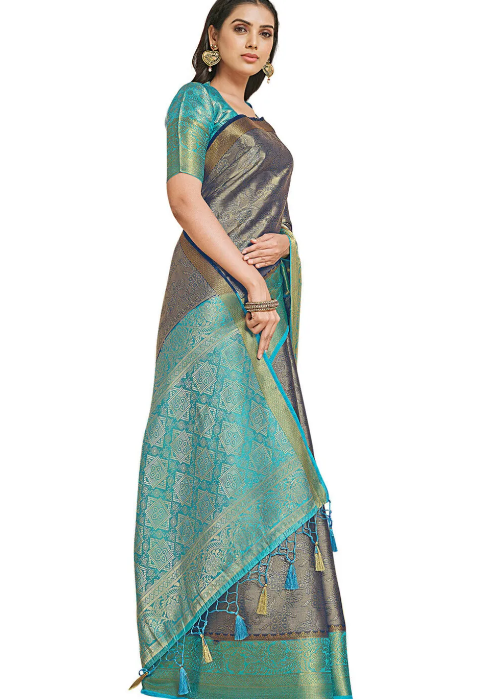 Woven Bangalore Silk Saree in Dark Blue