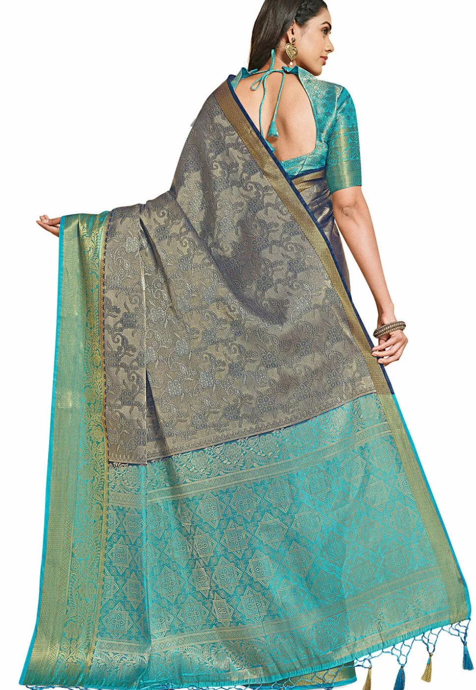 Woven Bangalore Silk Saree in Dark Blue