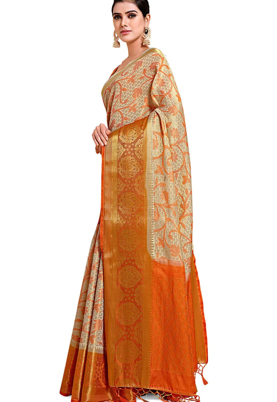 Woven Bangalore Silk Saree in Light Beige