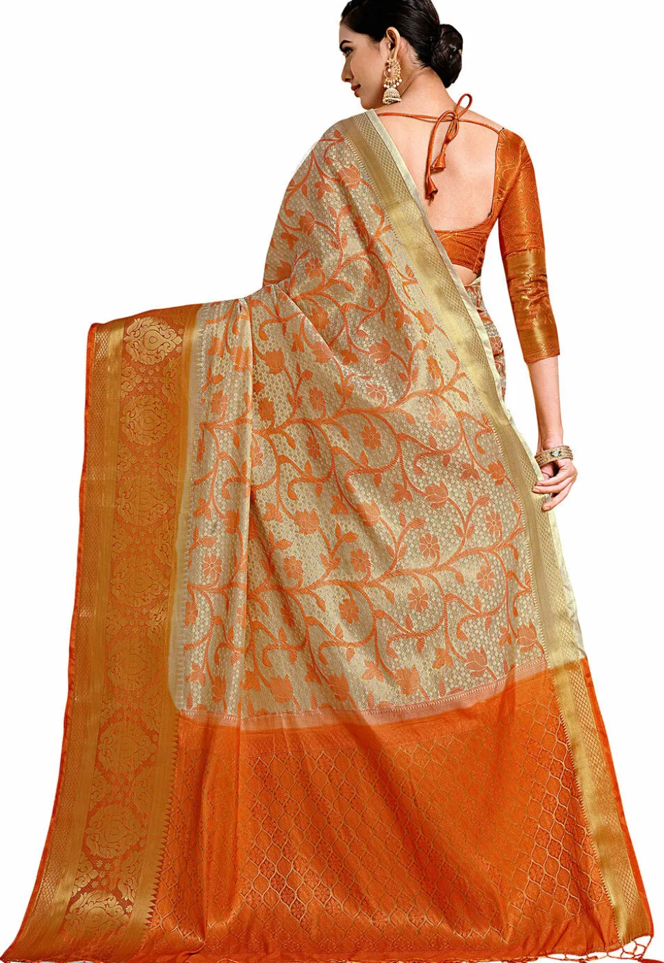 Woven Bangalore Silk Saree in Light Beige