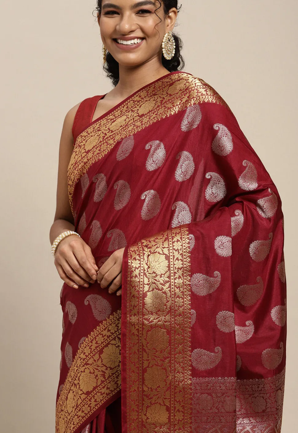 Woven Bangalore Silk Saree in Maroon