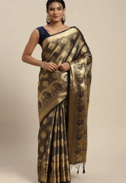 Woven Bangalore Silk Saree in Charcoal Black