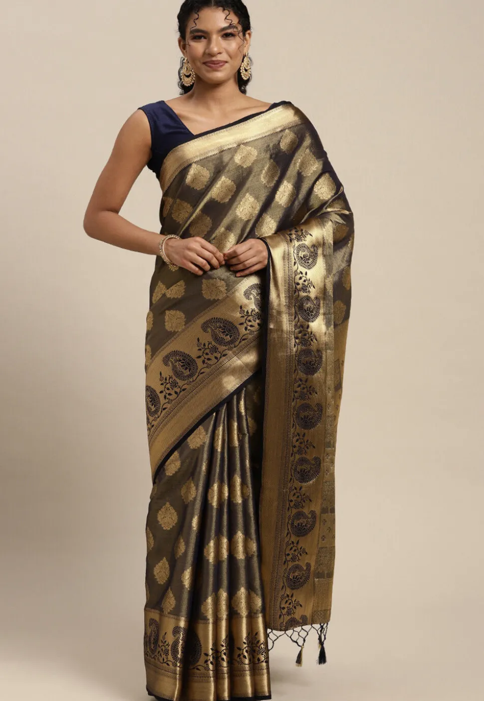 Woven Bangalore Silk Saree in Charcoal Black