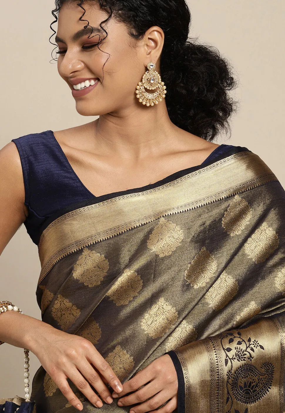 Woven Bangalore Silk Saree in Charcoal Black