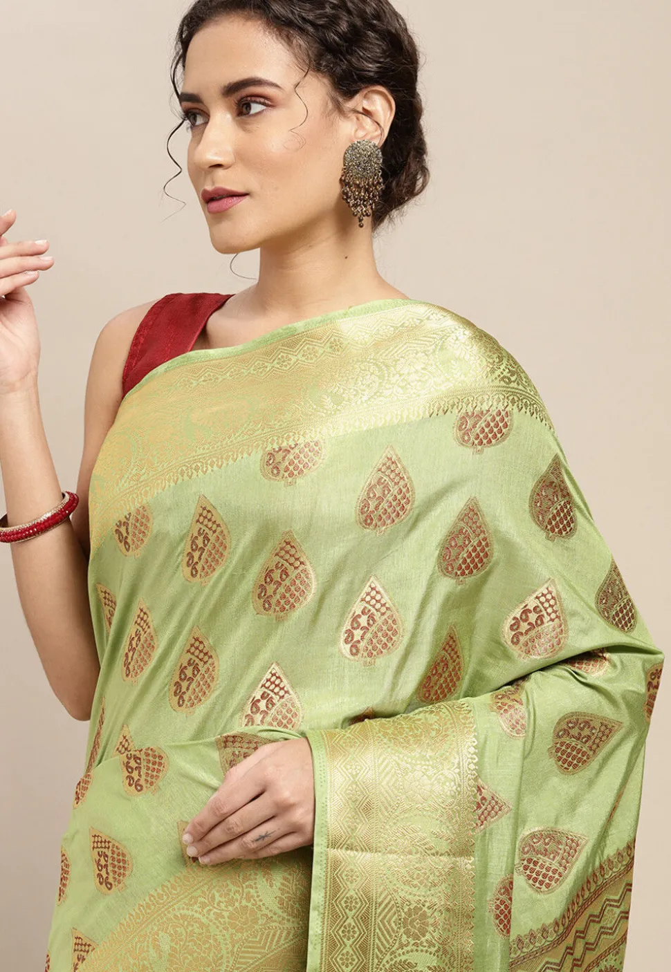 Woven Bangalore Silk Saree in Light Moss Green