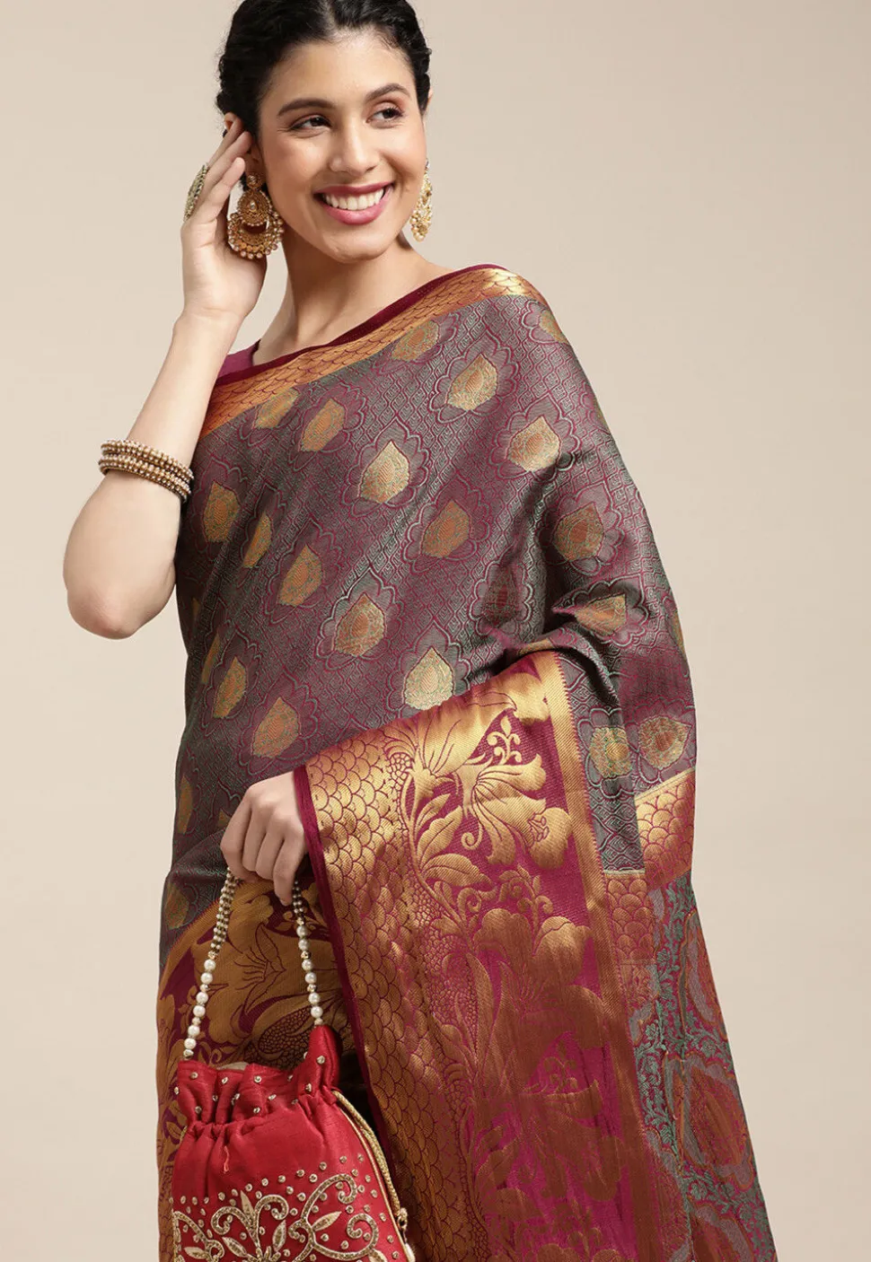 Woven Bangalore Silk Saree in Magenta
