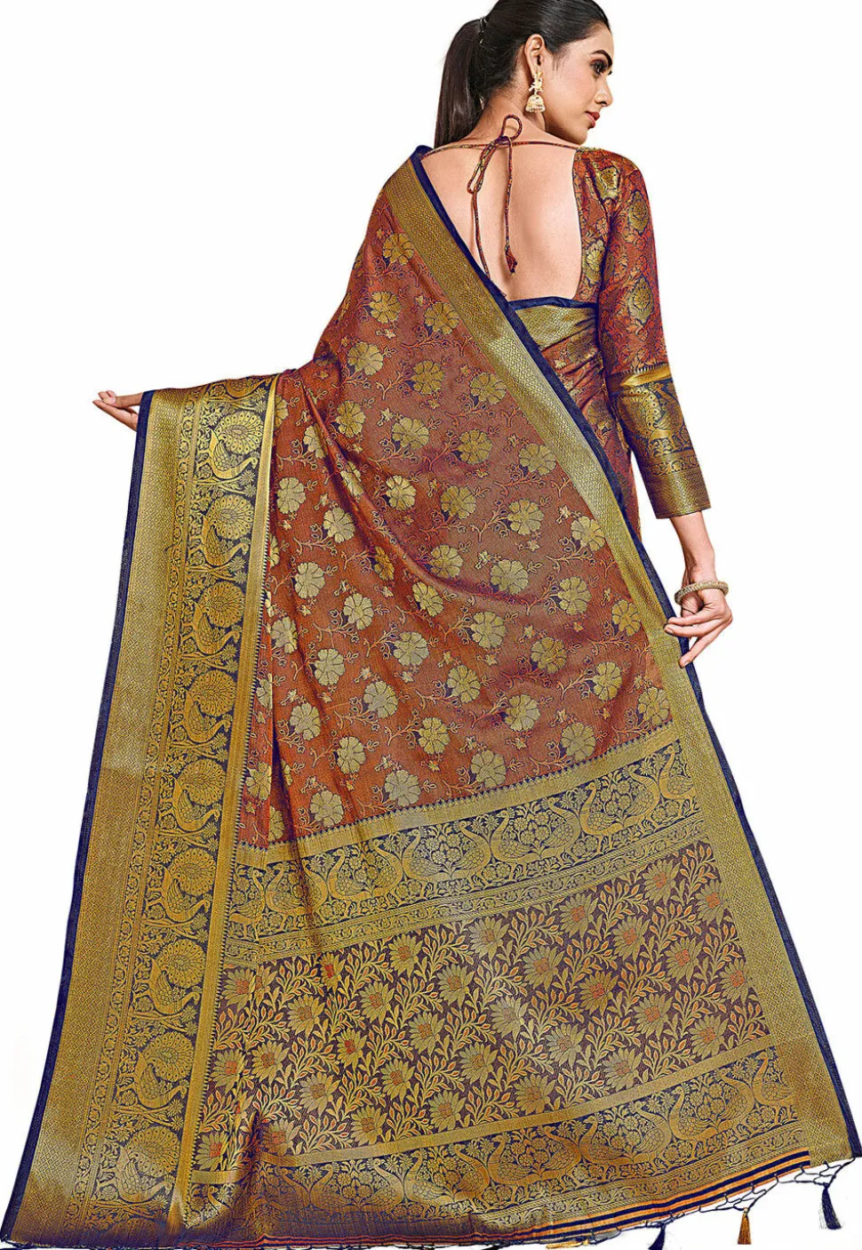 Woven Bangalore Silk Saree in Rust