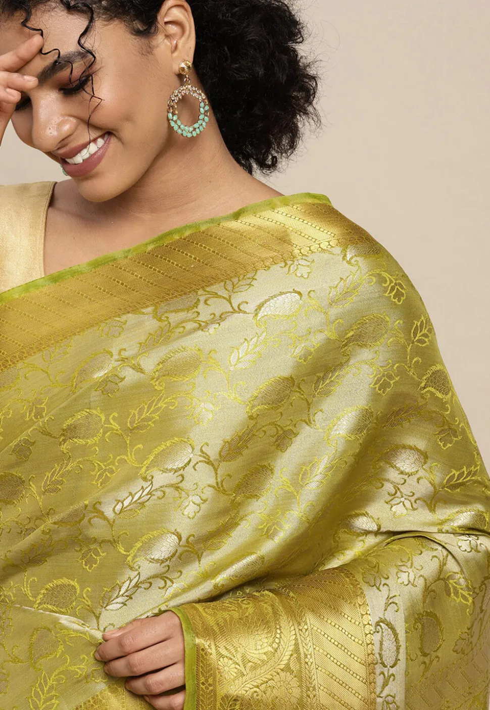 Woven Bangalore Silk Saree in Light Olive Green