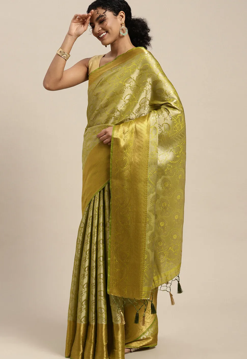 Woven Bangalore Silk Saree in Light Olive Green