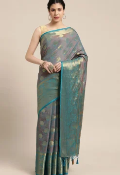 Woven Bangalore Silk Saree in Turquoise