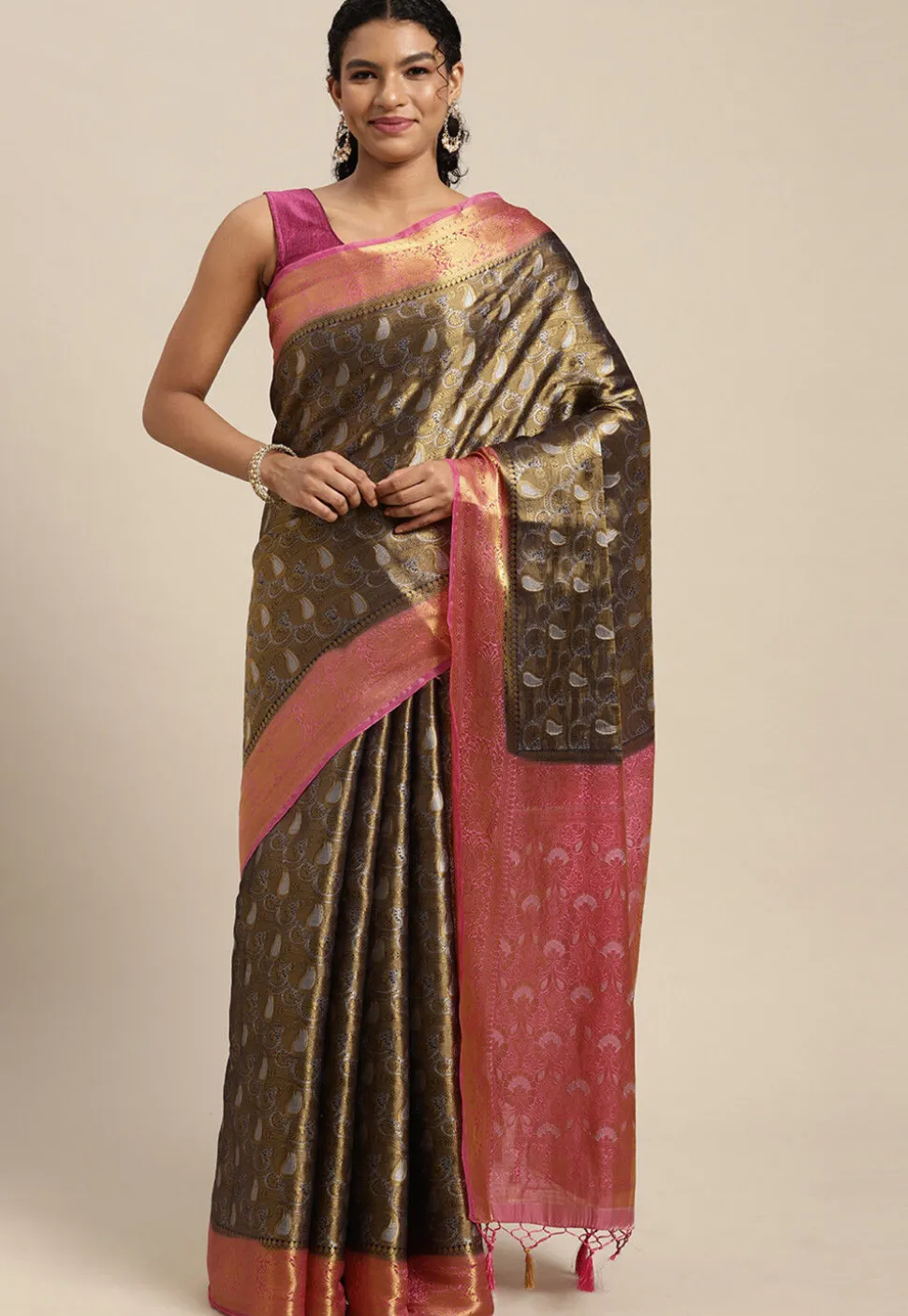 Woven Bangalore Silk Saree in Golden and Dark Blue