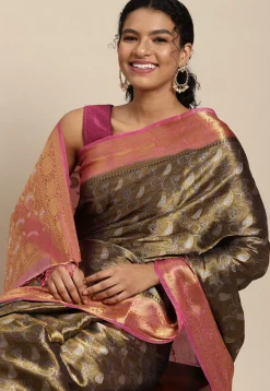 Woven Bangalore Silk Saree in Golden and Dark Blue