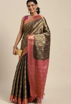 Woven Bangalore Silk Saree in Golden and Dark Blue
