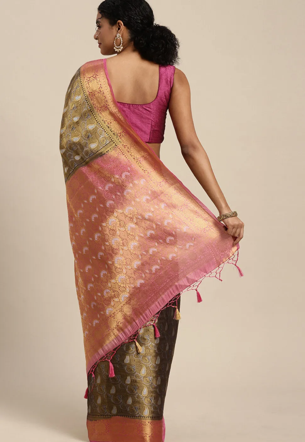 Woven Bangalore Silk Saree in Golden and Dark Blue