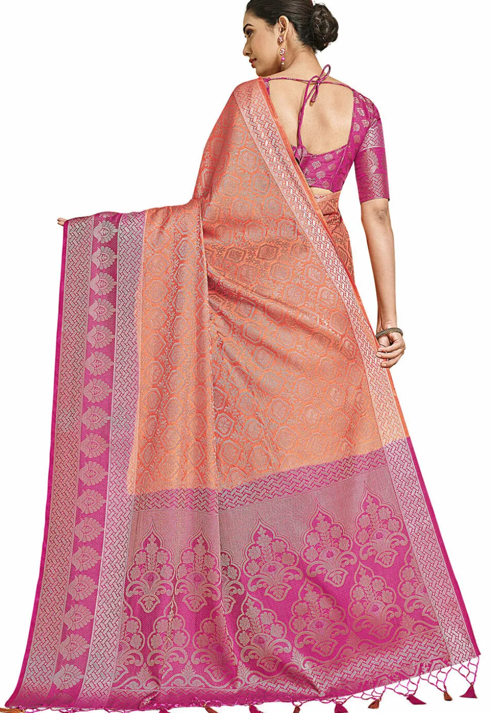 Woven Bangalore Silk Saree in Pastel Orange