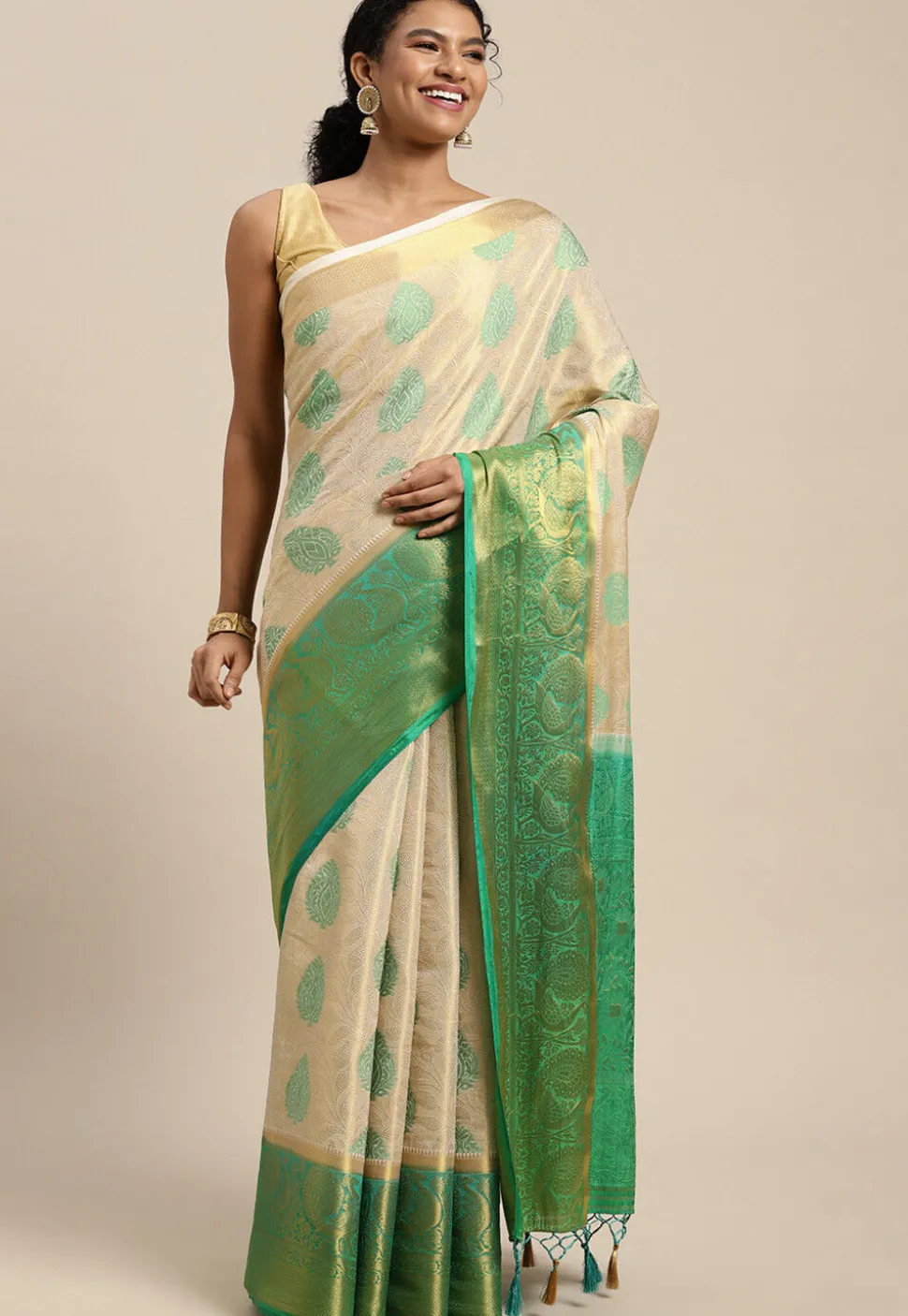 Woven Bangalore Silk Saree in Cream
