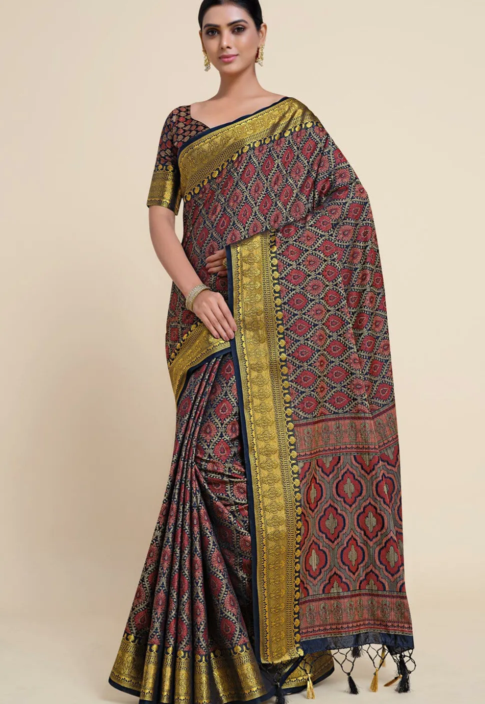 Woven Bangalore Silk Saree in Dark Blue and Red