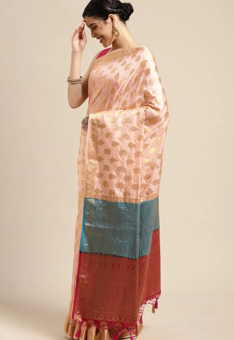 Woven Bangalore Silk Saree in Light Peach
