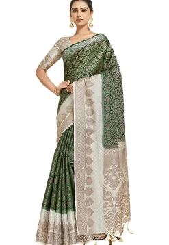 Woven Bangalore Silk Saree in Dark Green