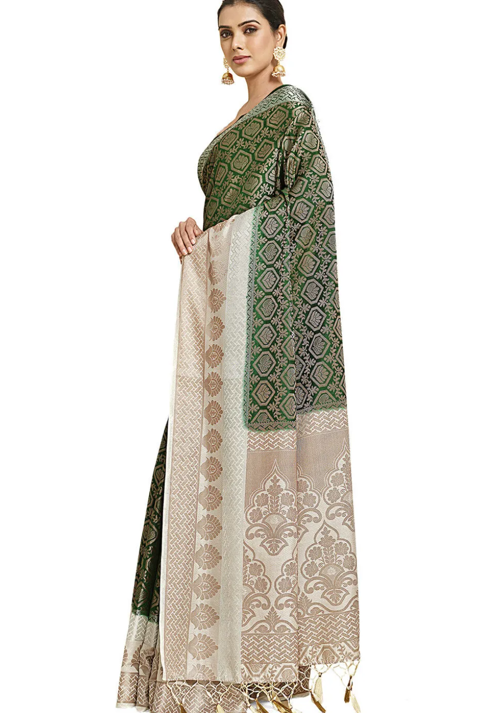 Woven Bangalore Silk Saree in Dark Green