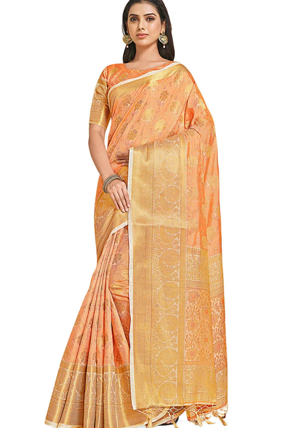 Woven Bangalore Silk Saree in Light Orange