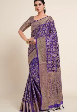 Woven Bangalore Silk Saree in Dark Indigo Blue
