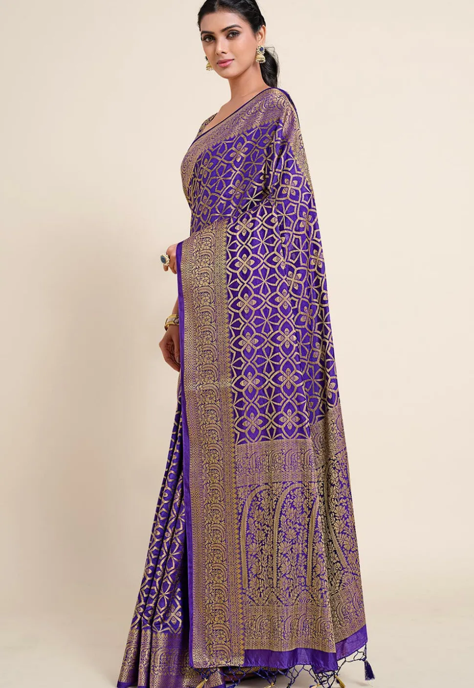 Woven Bangalore Silk Saree in Dark Indigo Blue