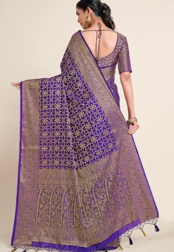 Woven Bangalore Silk Saree in Dark Indigo Blue