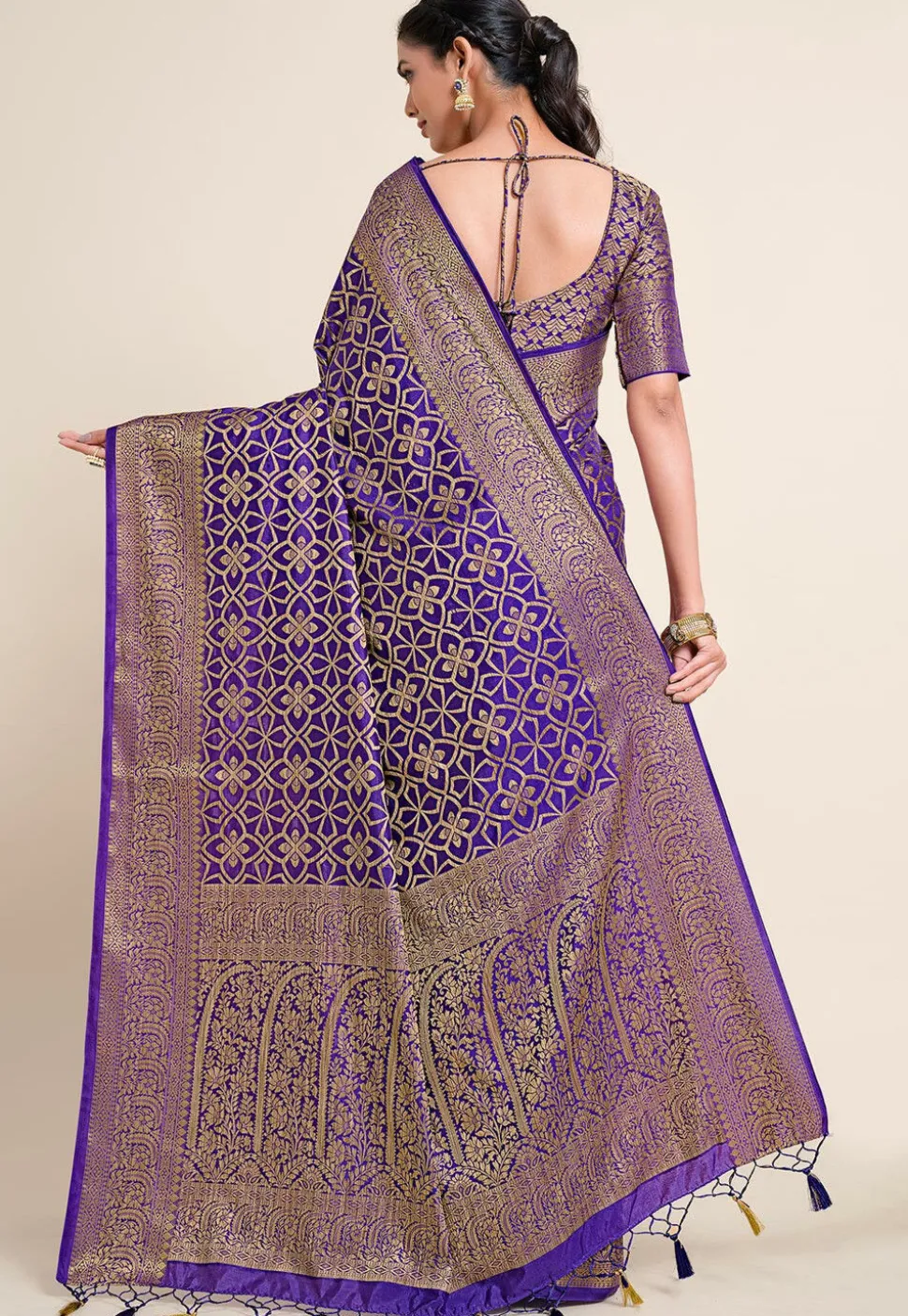 Woven Bangalore Silk Saree in Dark Indigo Blue