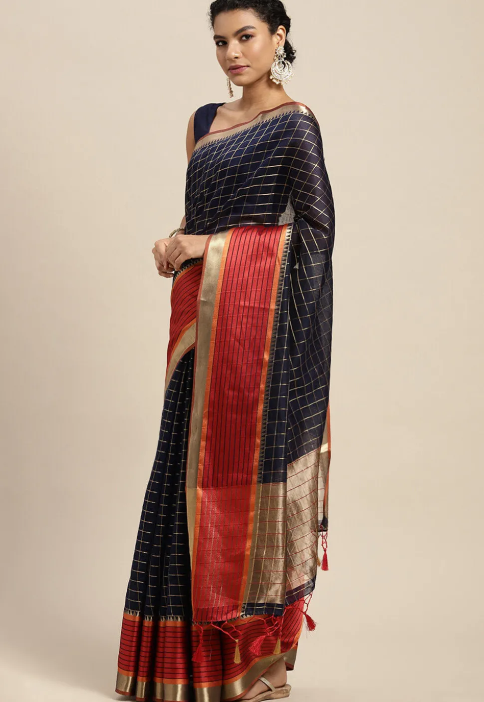 Woven Bangalore Silk Saree in Navy Blue