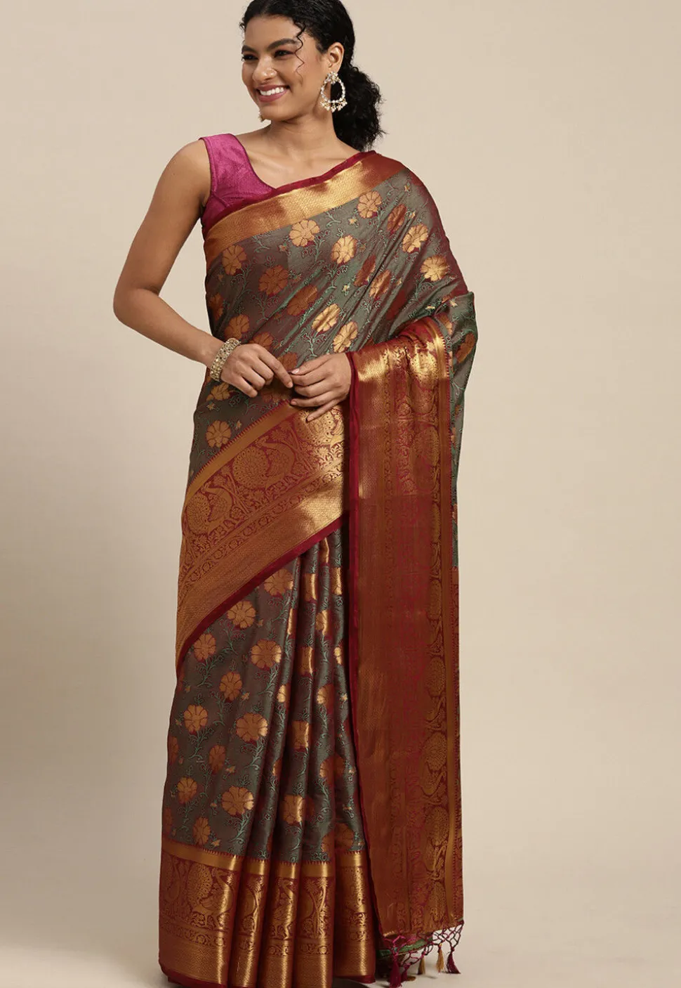 Woven Bangalore Silk Saree in Dusty Green
