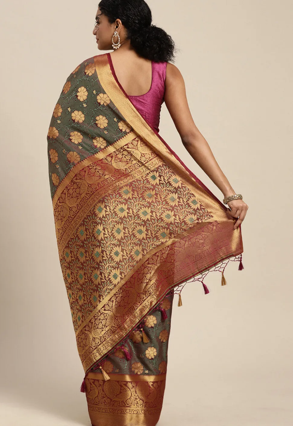 Woven Bangalore Silk Saree in Dusty Green