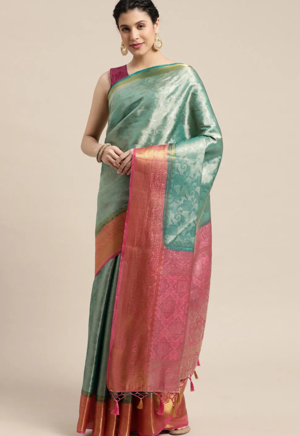 Woven Bangalore Silk Saree in Light Teal Blue