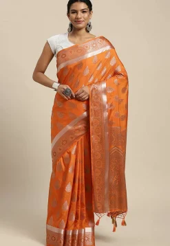Woven Bangalore Silk Saree in Orange