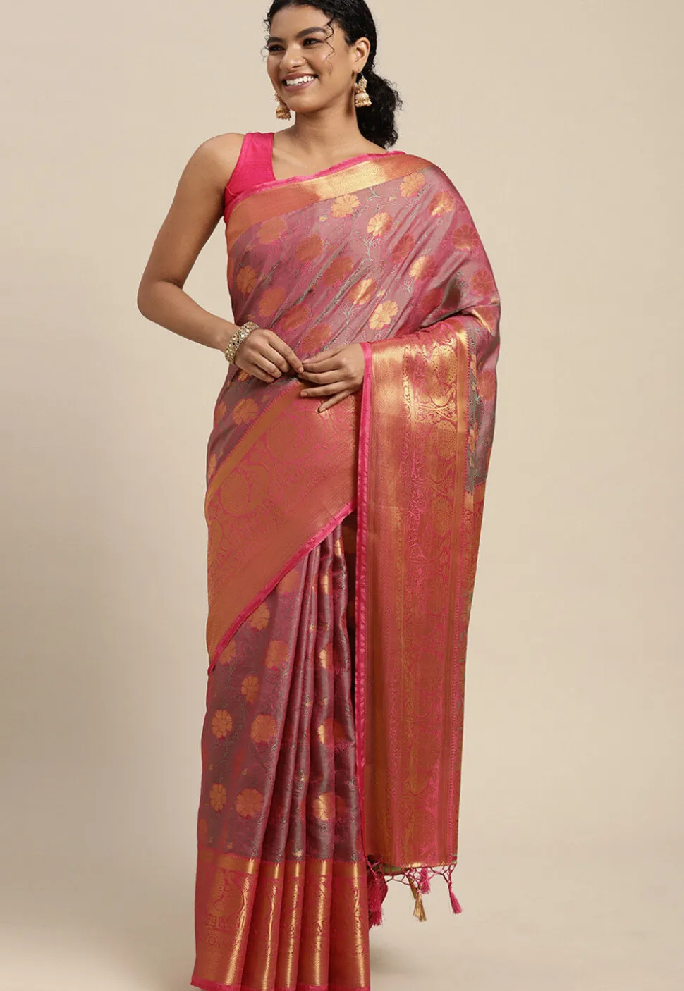 Woven Bangalore Silk Saree in Pink