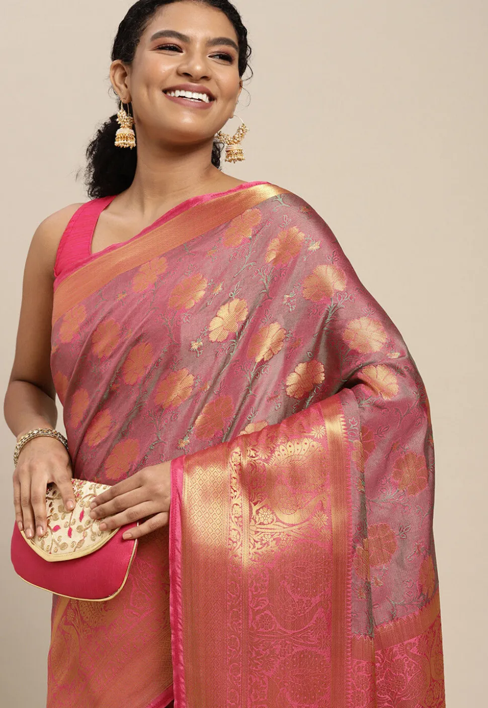 Woven Bangalore Silk Saree in Pink