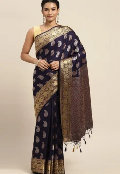 Woven Bangalore Silk Saree in Navy Blue