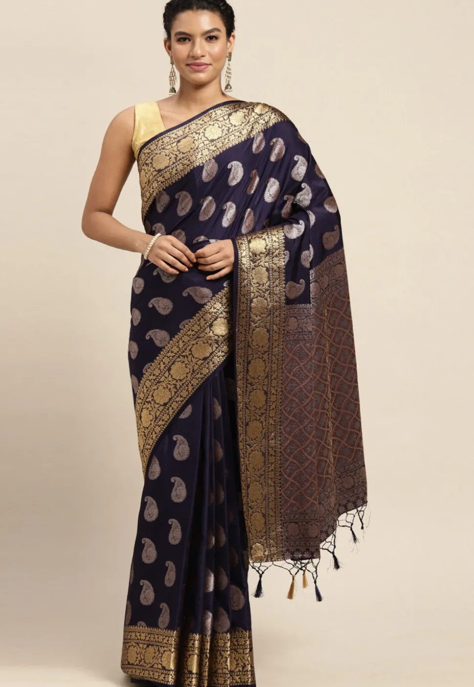Woven Bangalore Silk Saree in Navy Blue