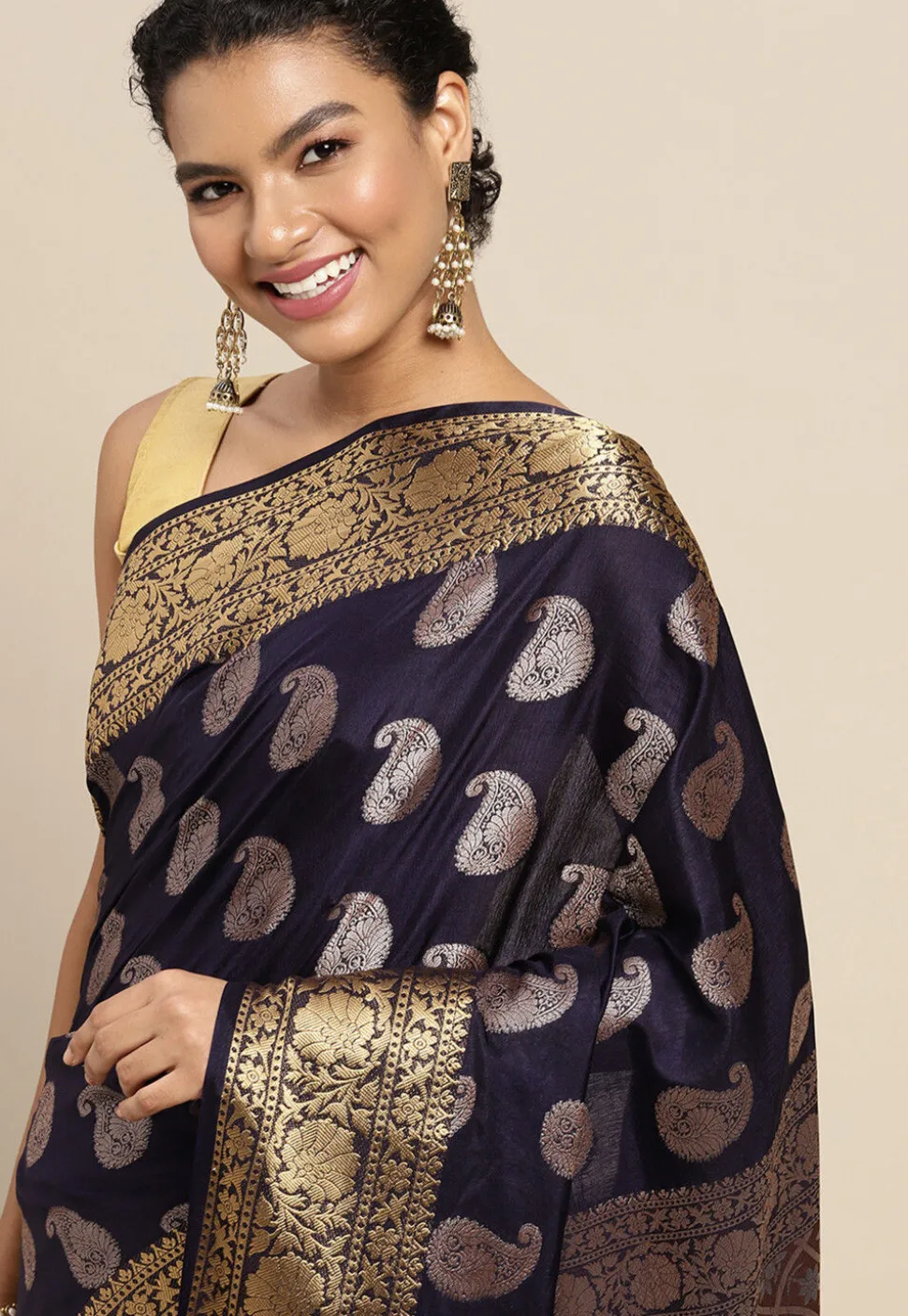 Woven Bangalore Silk Saree in Navy Blue