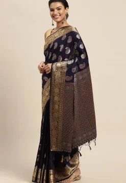 Woven Bangalore Silk Saree in Navy Blue