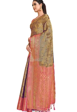 Woven Bangalore Silk Saree in Golden and Dark Blue