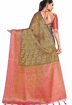 Woven Bangalore Silk Saree in Golden and Dark Blue